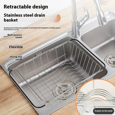 Adjustable stainless steel sink basket for kitchen.