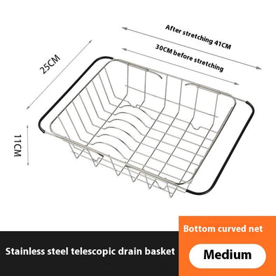 Adjustable stainless steel sink basket for kitchen.